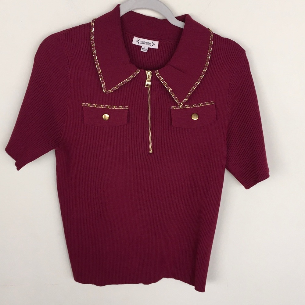 Burgundy Short Sleeve Knit Top with Gold Chain Trim